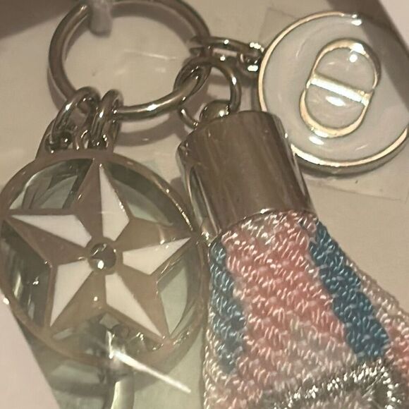 Dior Embroidered Ribbon Ring Keychain Stripe Pink Blue White Dangle Charms NWT - Picture 3 of 8